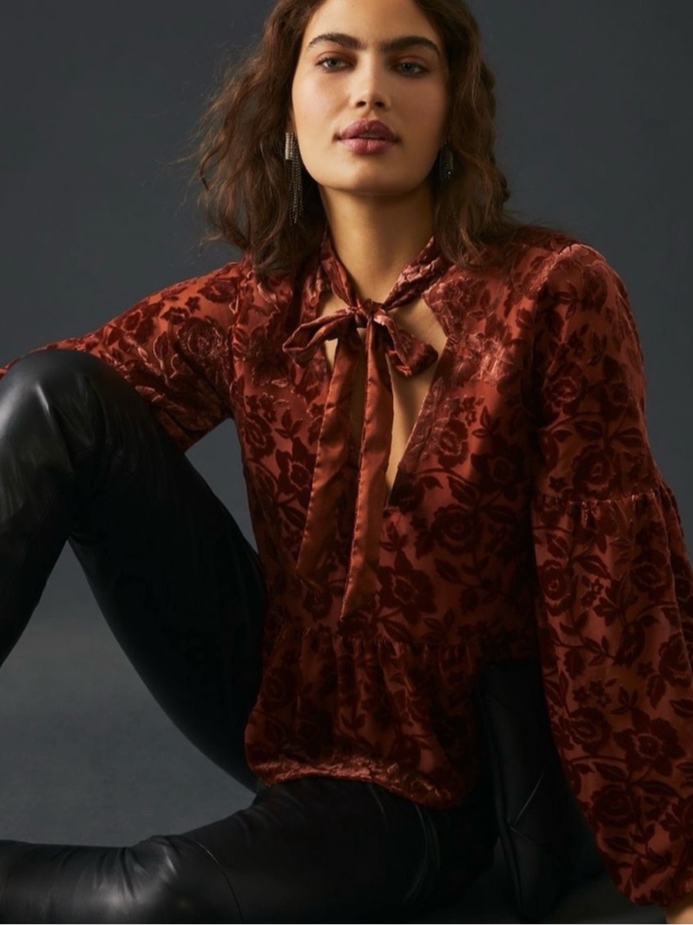 Anthropologie Floral Velvet Tie-Neck Blouse